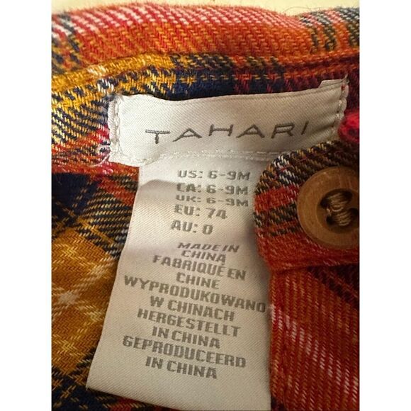 Tahari Boy's Brown Red Plaid Corduroy Overalls Set With Flannel Shirt 6-9 Months - Picture 4 of 4